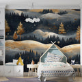 Golden Winter Village Mural Wallpaper Gold, Blue, and White Mural Wallpaper - pure wallpaper artwork