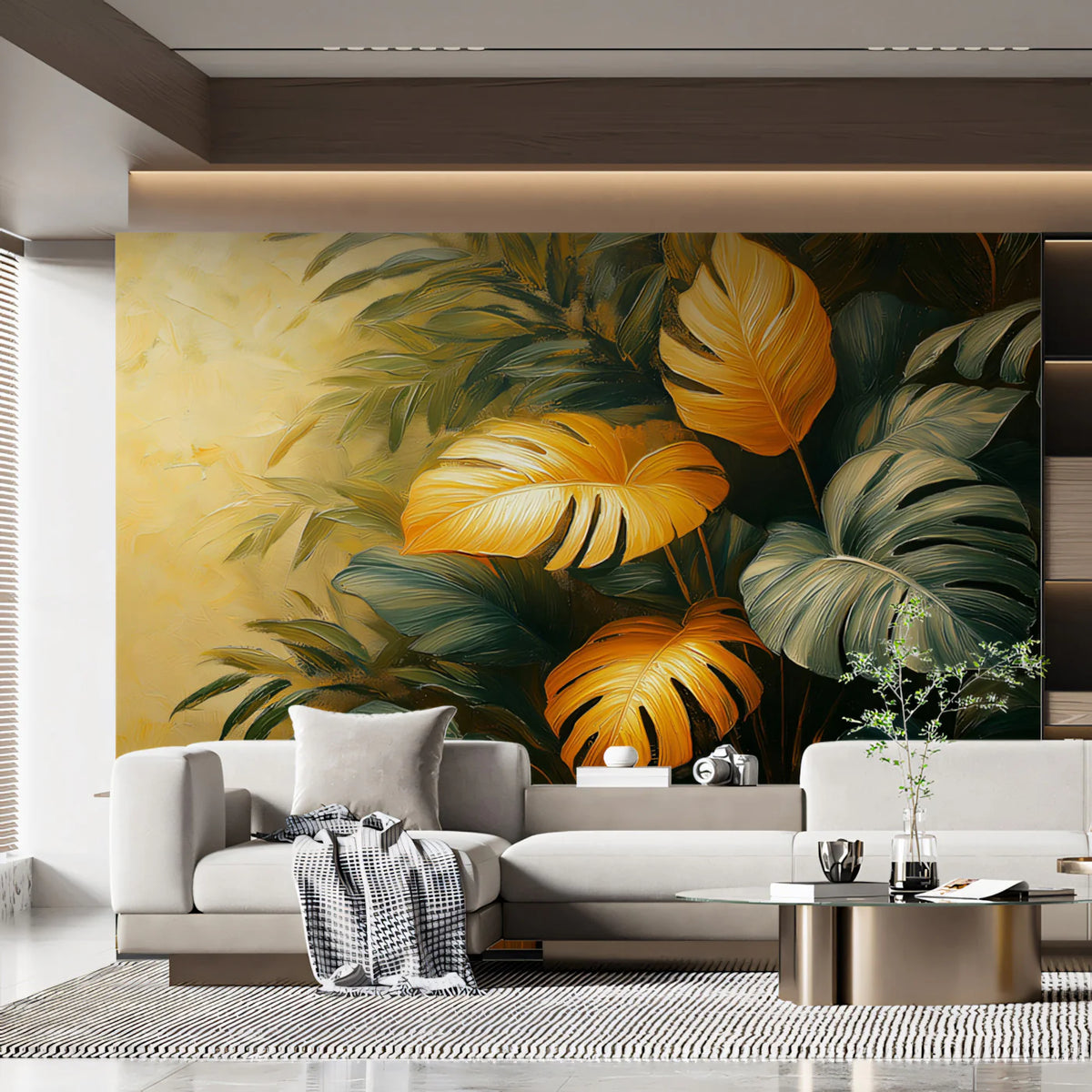 Golden Monstera Mural Wallpaper Gold, Green, and Yellow Mural Wallpaper - pure wallpaper artwork