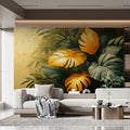 Golden Monstera Mural Wallpaper Gold, Green, and Yellow Mural Wallpaper - pure wallpaper artwork