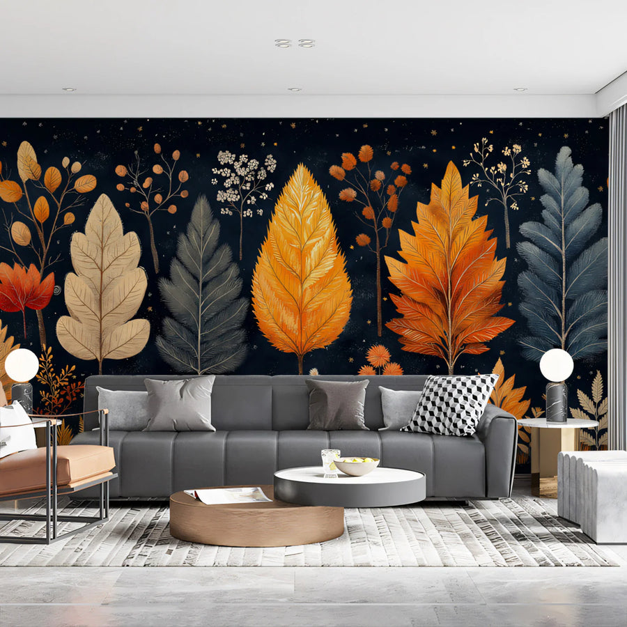 Midnight Autumn Folk Art Mural Wallpaper Orange, Gray, and Cream Mural Wallpaper