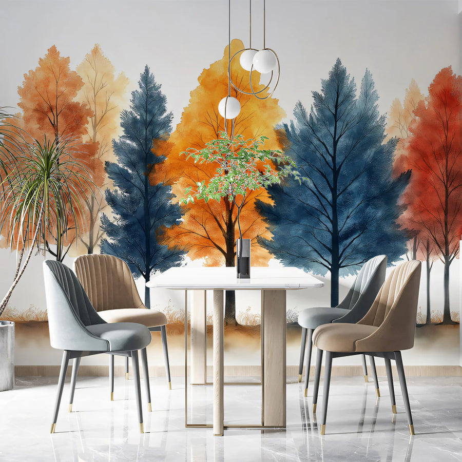 Four Seasons Treeline Mural Wallpaper — Artistic Watercolor Forest Mural Wallpaper