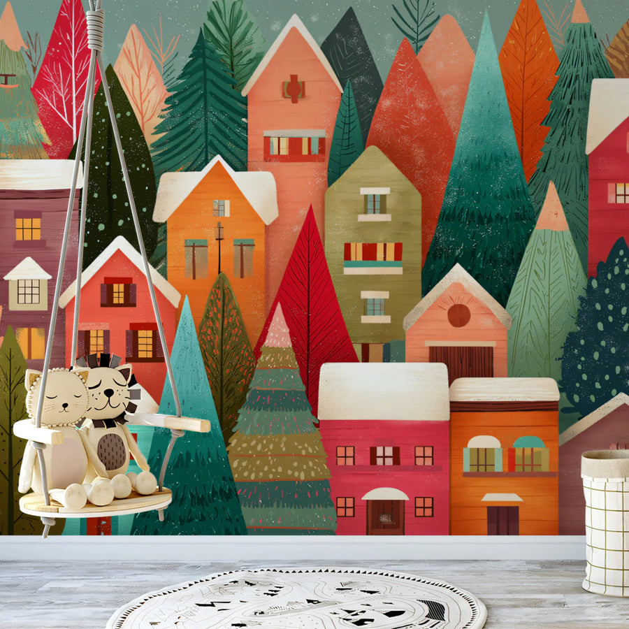 Winter Village Landscape Mural Wallpaper — Whimsical Holiday Art Mural Wallpaper