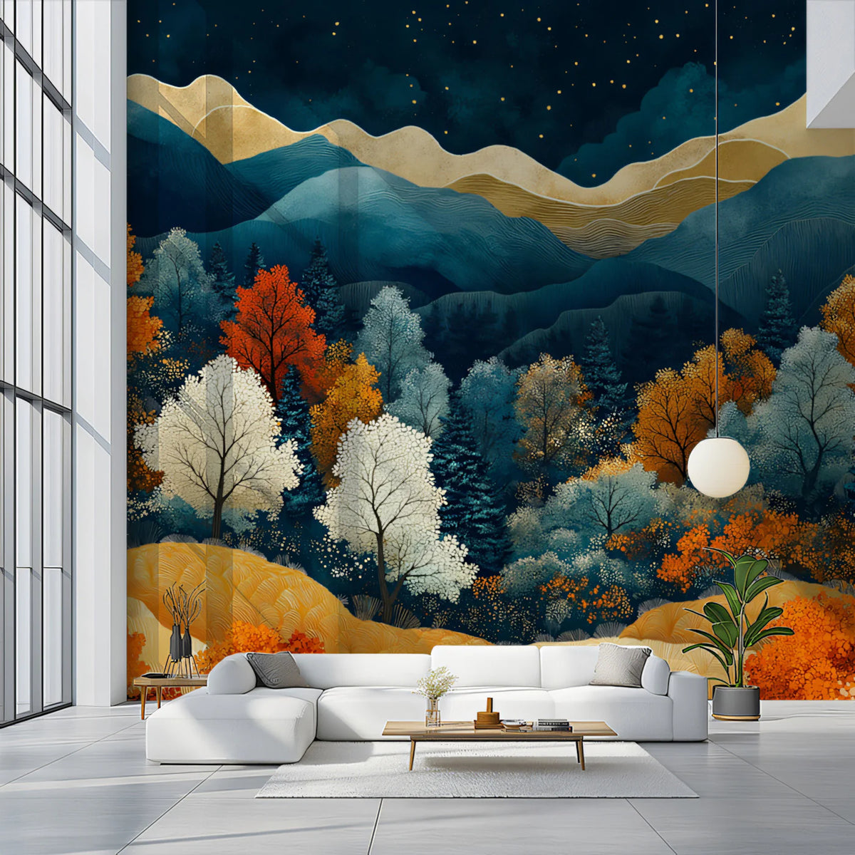 Golden Mountain Valley Mural Wallpaper Orange, Blue, and Gold Mural Wallpaper - pure wallpaper artwork
