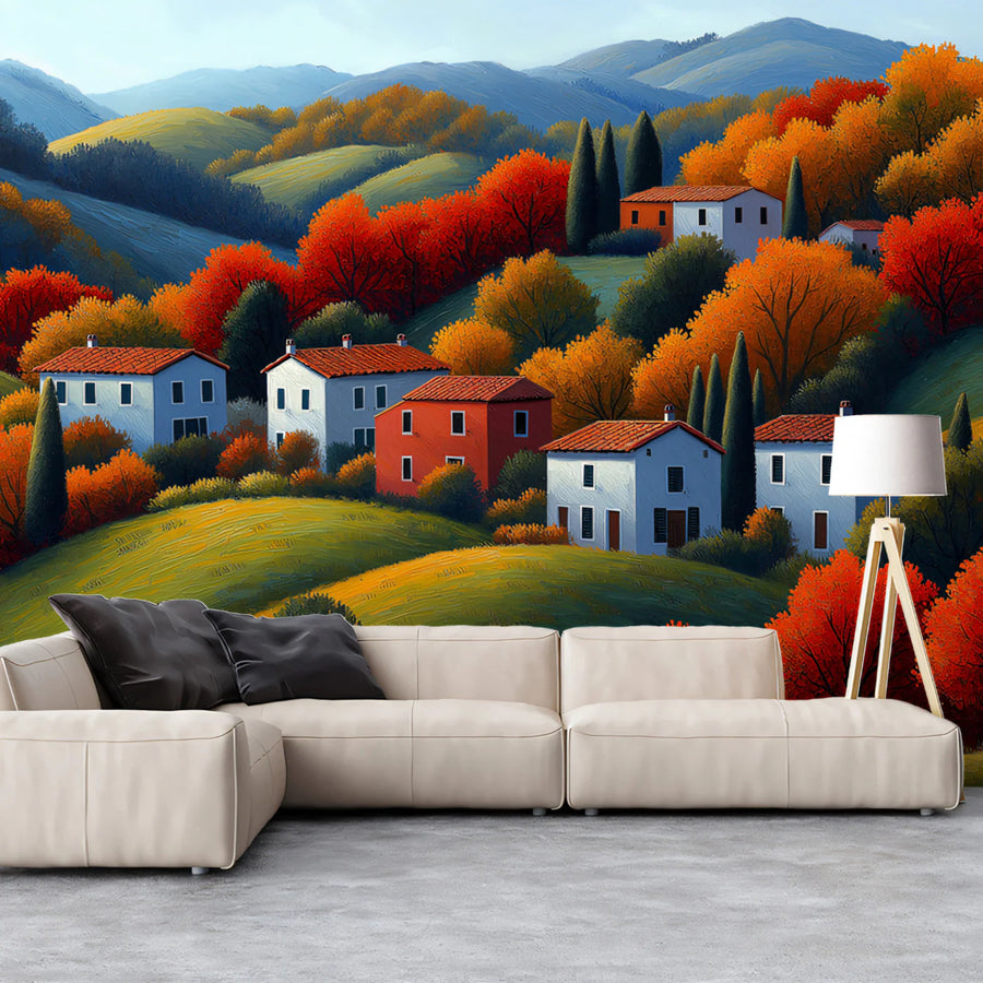 Tuscan Autumn Landscape Mural Wallpaper — Painterly Countryside Scene Mural Wallpaper