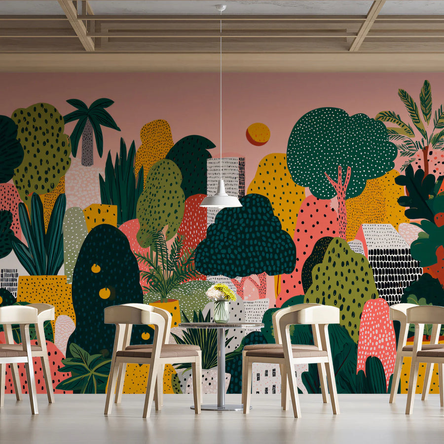 Stylized Botanical Orchard Mural Wallpaper — Playful Garden Art Mural Wallpaper