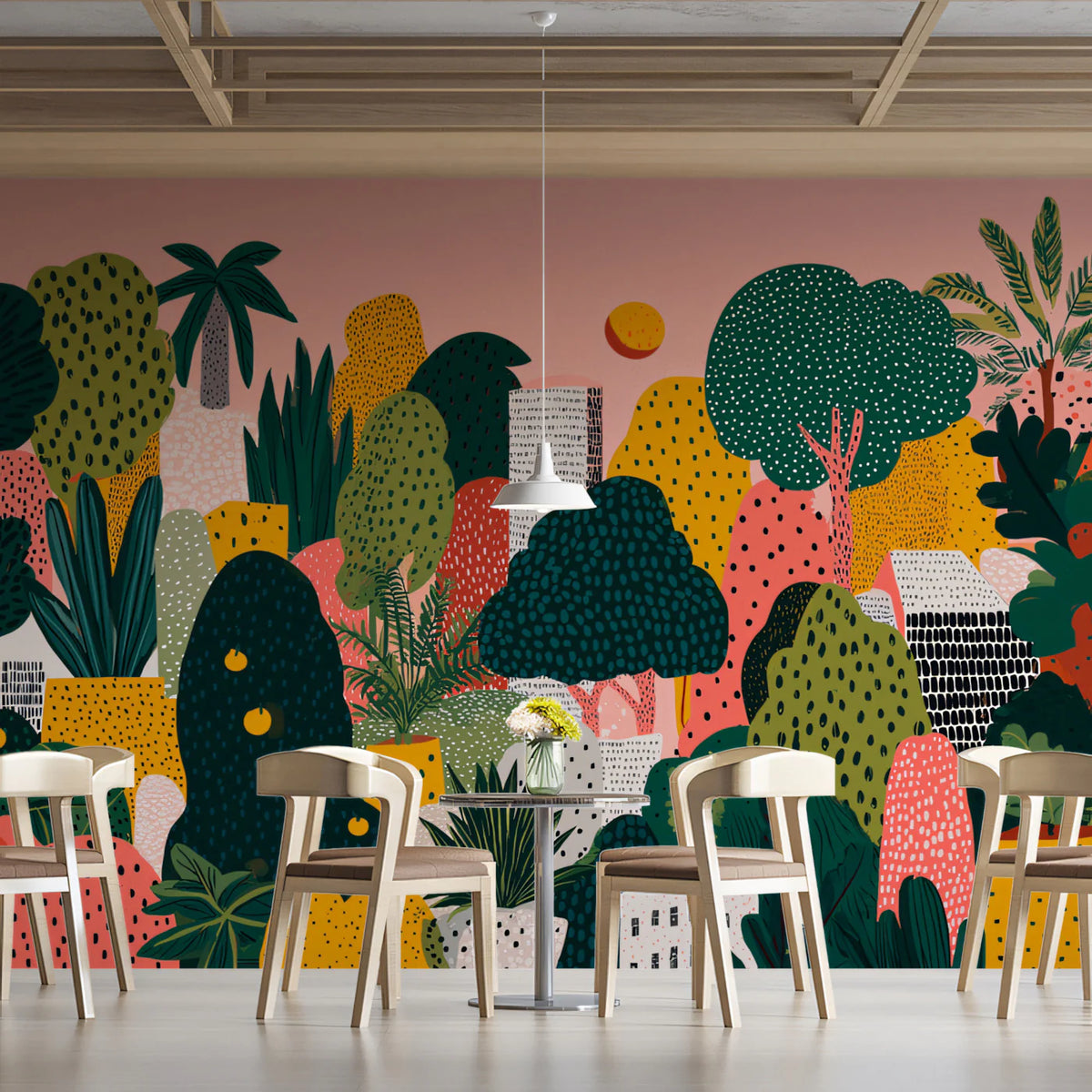 Stylized Botanical Orchard Mural Wallpaper — Playful Garden Art Mural Wallpaper - pure wallpaper artwork