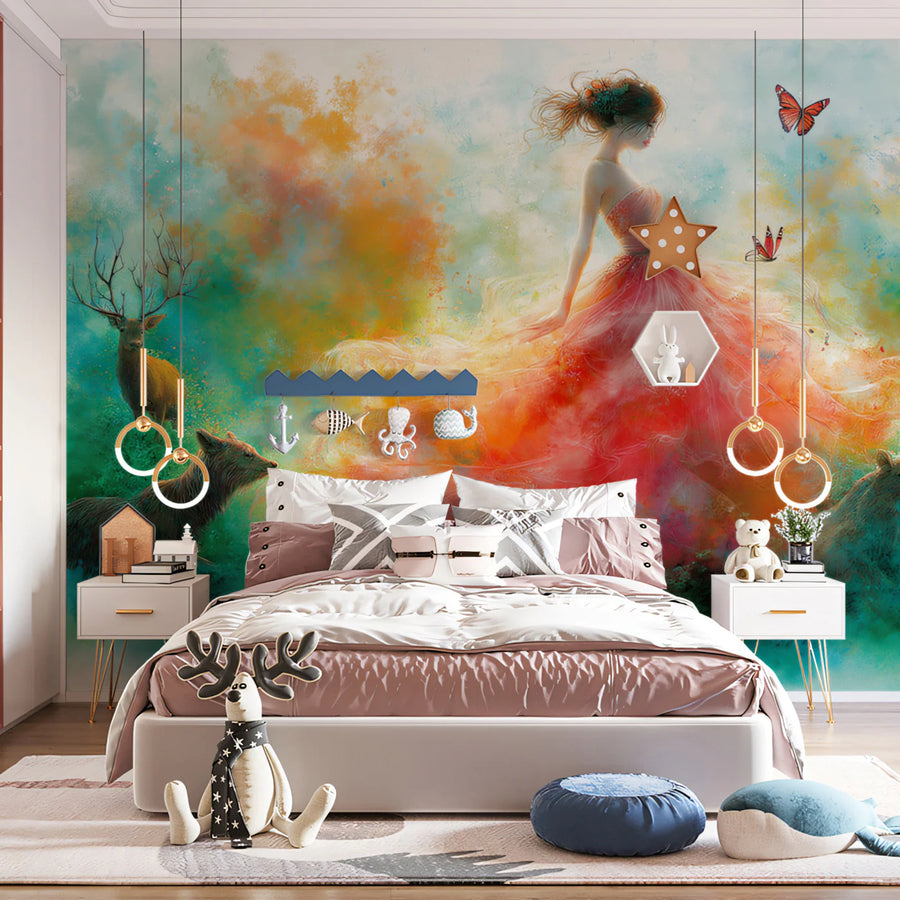 Woman and Nature Fantasy Mural Wallpaper — Artistic Color Explosion Mural Wallpaper