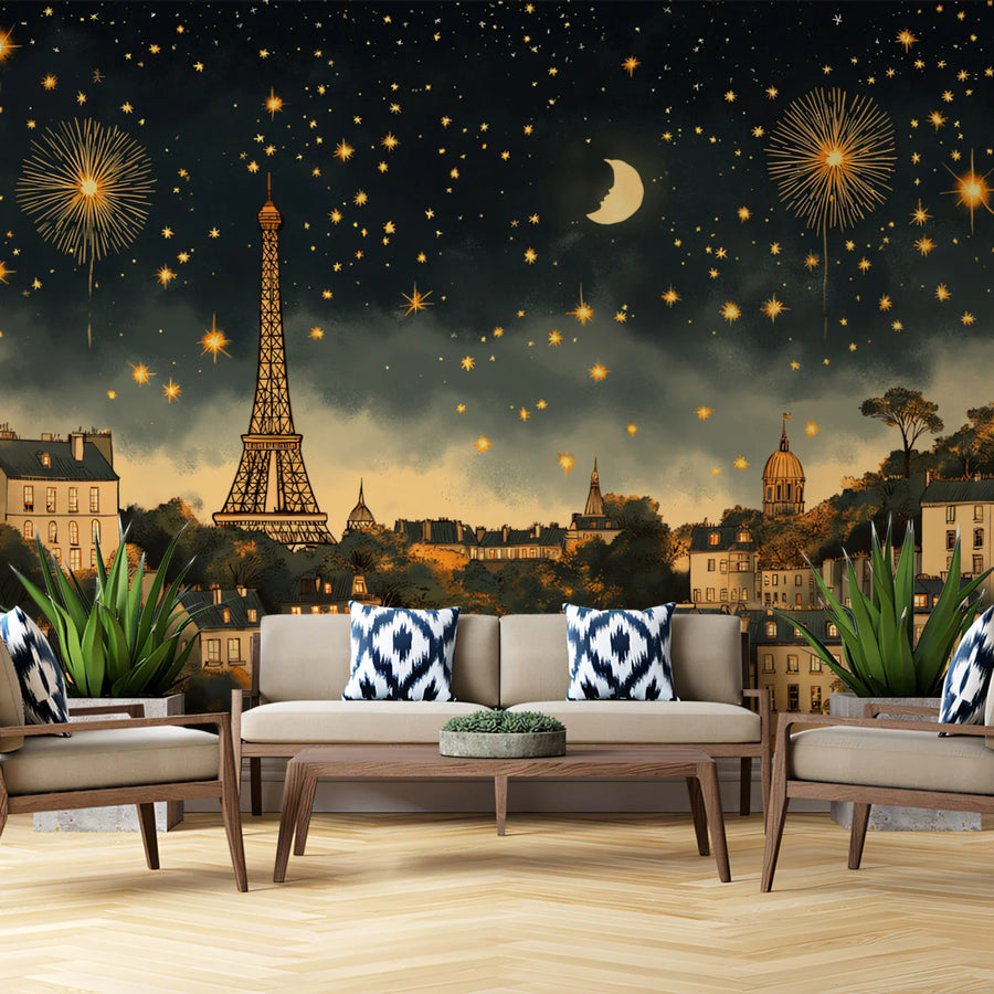 Starlight over Paris Mural Wallpaper Gold, Blue, and Orange Mural Wallpaper
