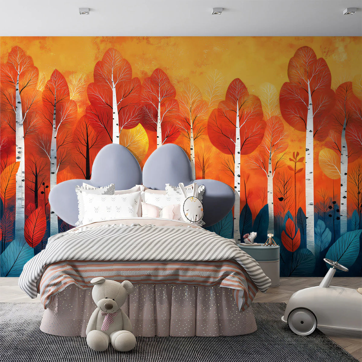 Crimson Birch Woods Mural Wallpaper Red, Orange, and Teal Mural Wallpaper - pure wallpaper artwork