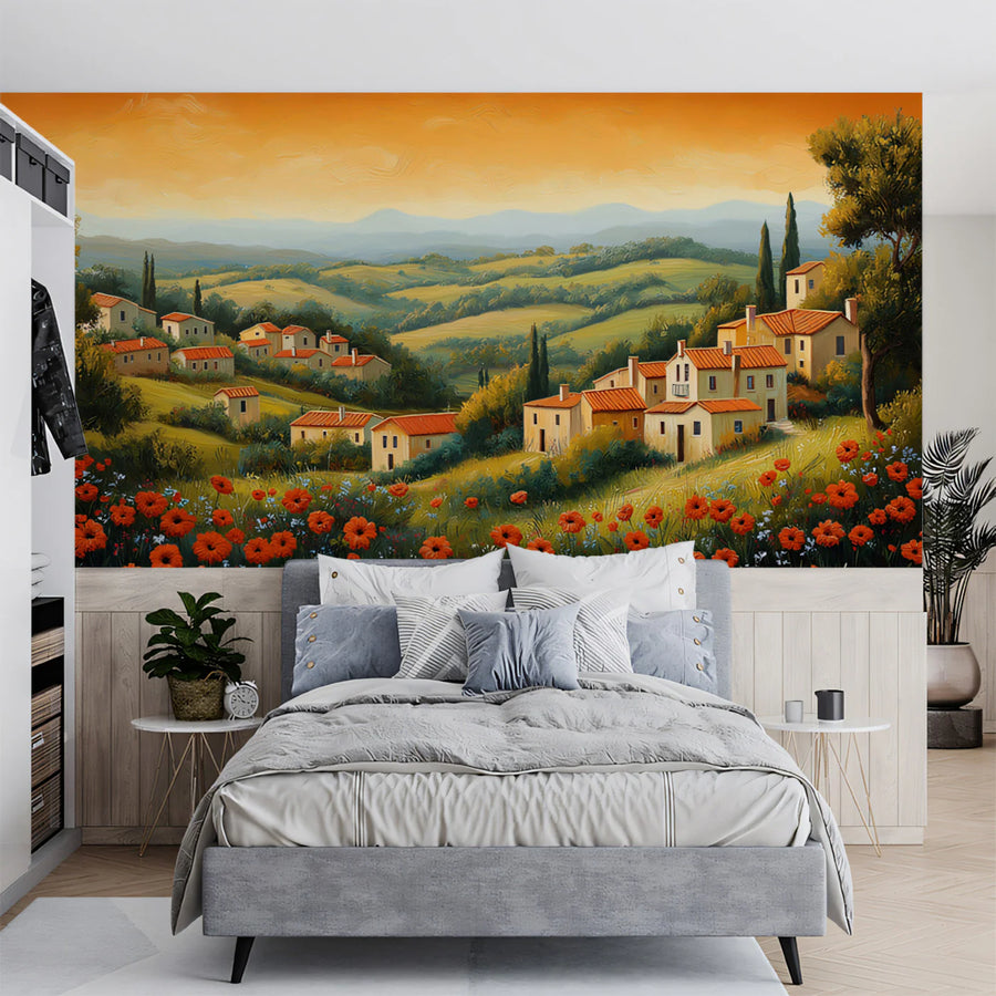 Tuscan Poppy Field Mural Wallpaper — Impressionistic Landscape Mural Wallpaper