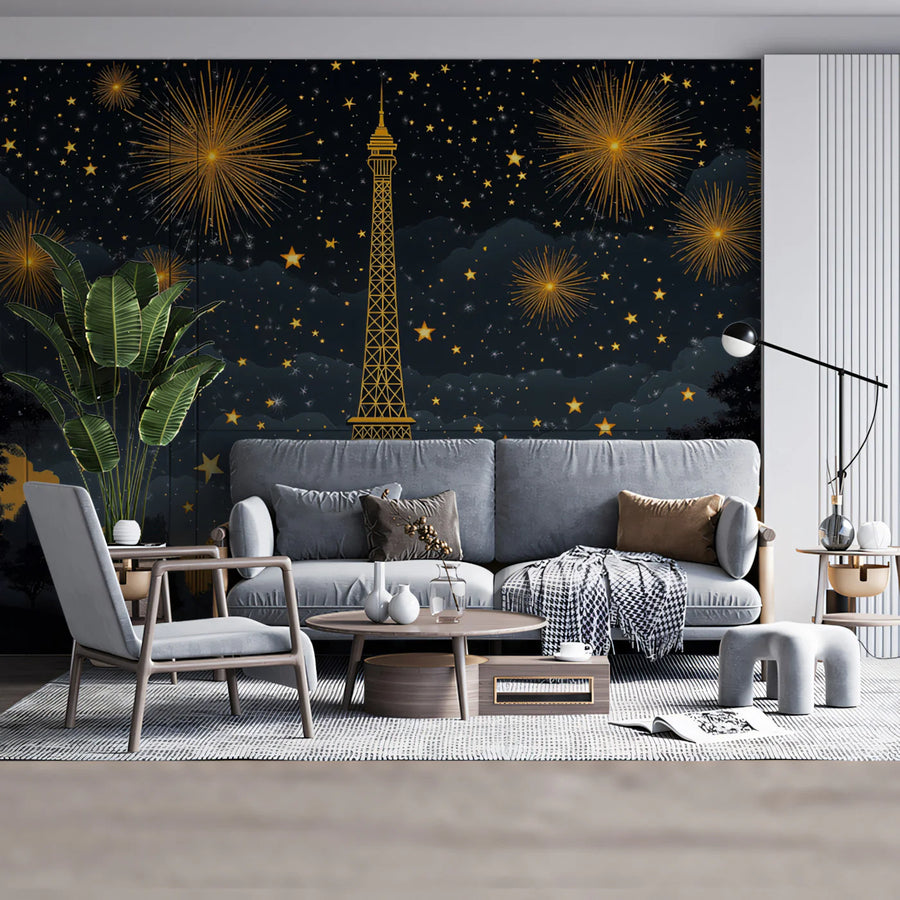 Parisian Celebration Mural Wallpaper in Midnight Blue and Gold Mural Wallpaper