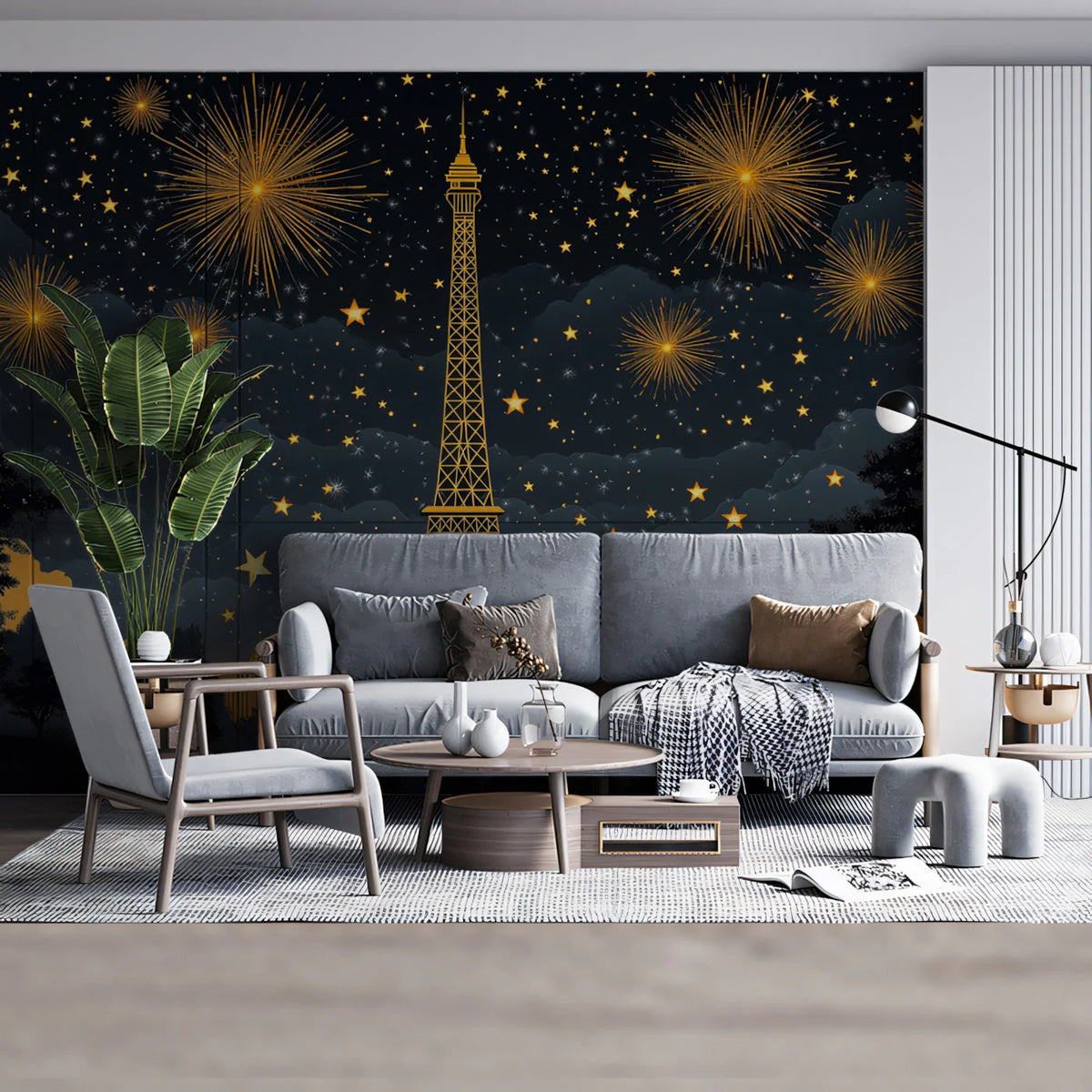 Parisian Celebration Mural Wallpaper in Midnight Blue and Gold Mural Wallpaper - pure wallpaper artwork