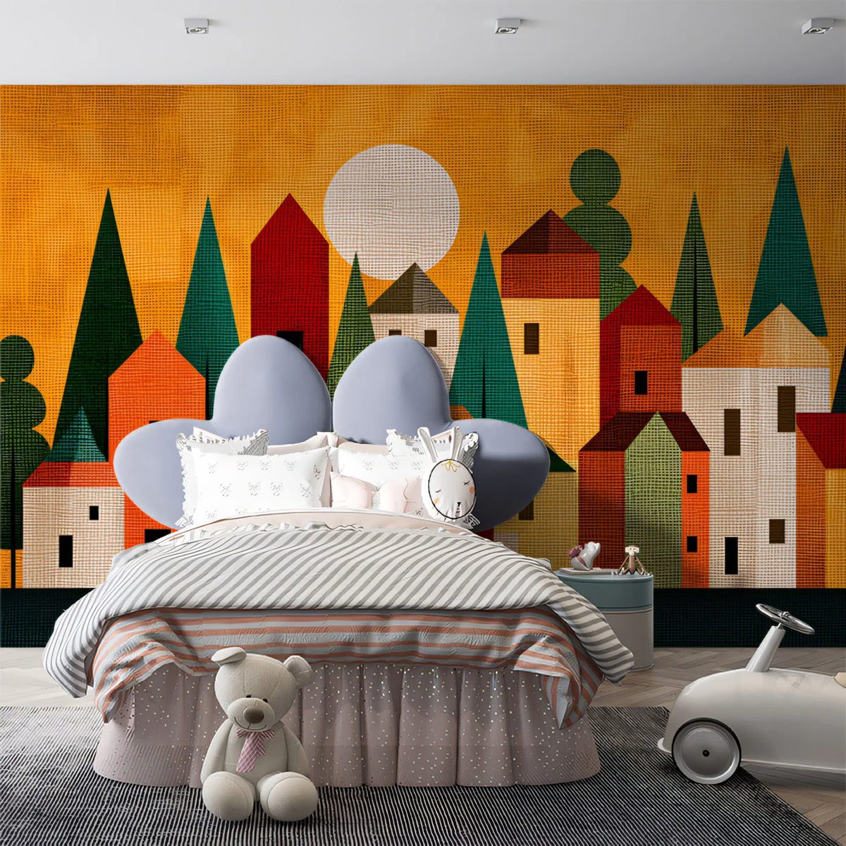 Mid-Century Village Mural Wallpaper —Retro Geometric Sunset Mural Wallpaper - pure wallpaper artwork