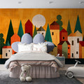 Mid-Century Village Mural Wallpaper —Retro Geometric Sunset Mural Wallpaper - pure wallpaper artwork