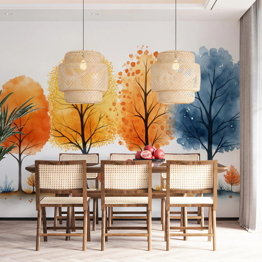Watercolor Autumn Treeline Mural Wallpaper — Soft Seasonal Scene Mural Wallpaper