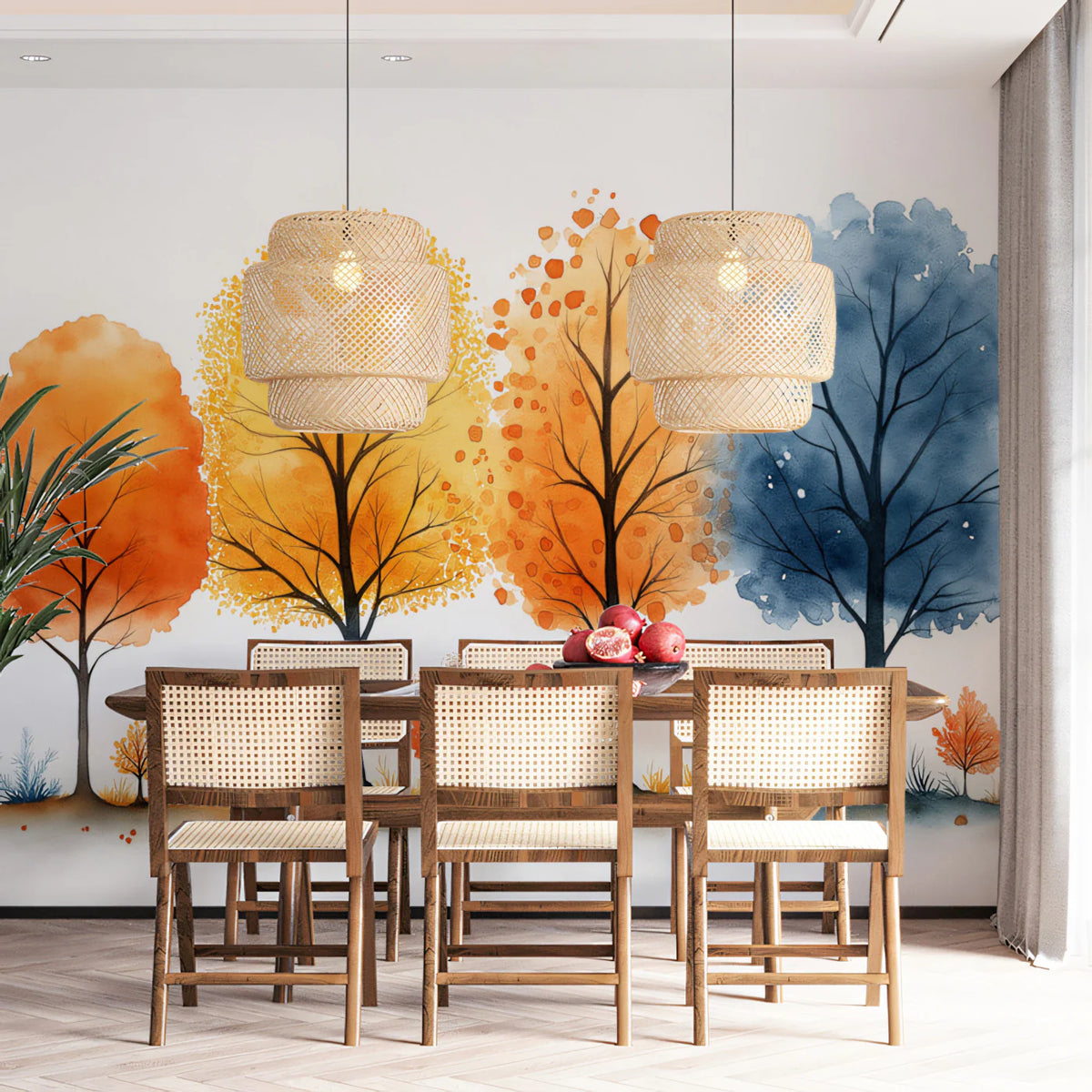 Watercolor Autumn Treeline Mural Wallpaper — Soft Seasonal Scene Mural Wallpaper - pure wallpaper artwork