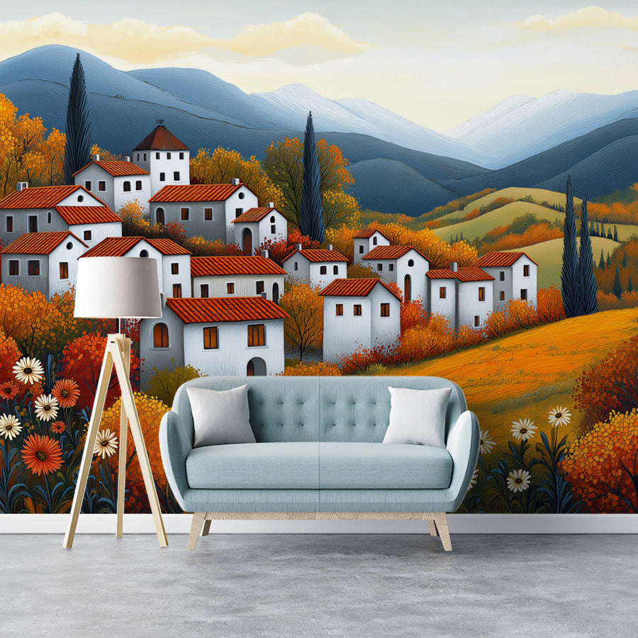 Autumn Village Landscape Mural Wallpaper — Warm Painted Horizon Mural Wallpaper