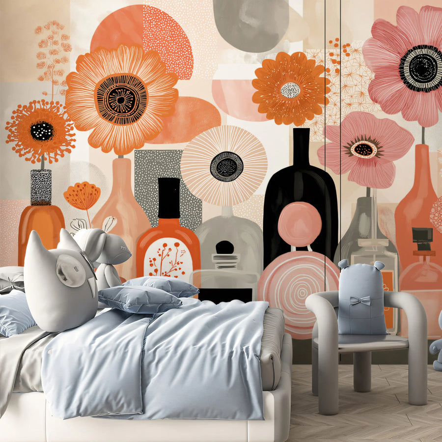 Perfume Bouquet Mural Wallpaper Pink, Orange, and Black Mural Wallpaper