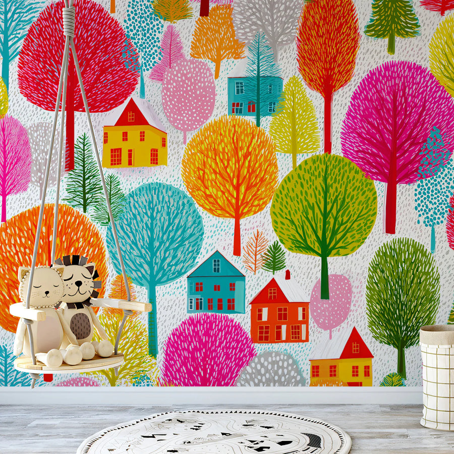 Candy Forest Village Mural Wallpaper — Vibrant Whimsical Design Mural Wallpaper