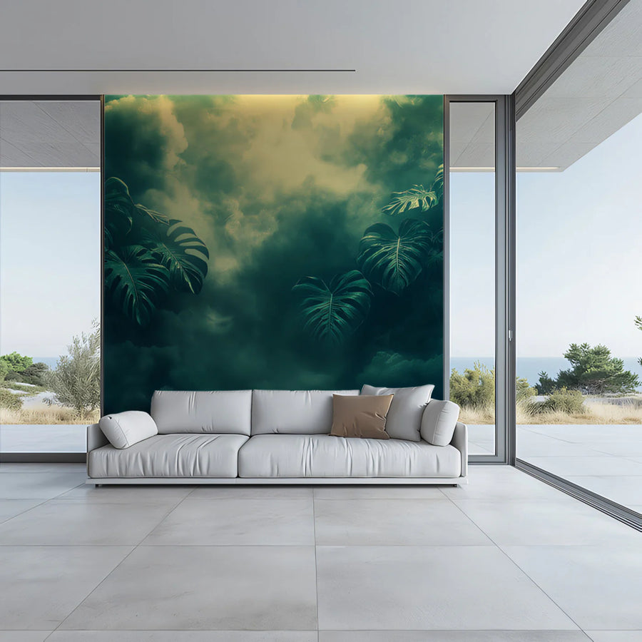 Moody Tropical Leaves in a Stormy Sky Mural Wallpaper Ethereal and Dramatic Art Mural Wallpaper