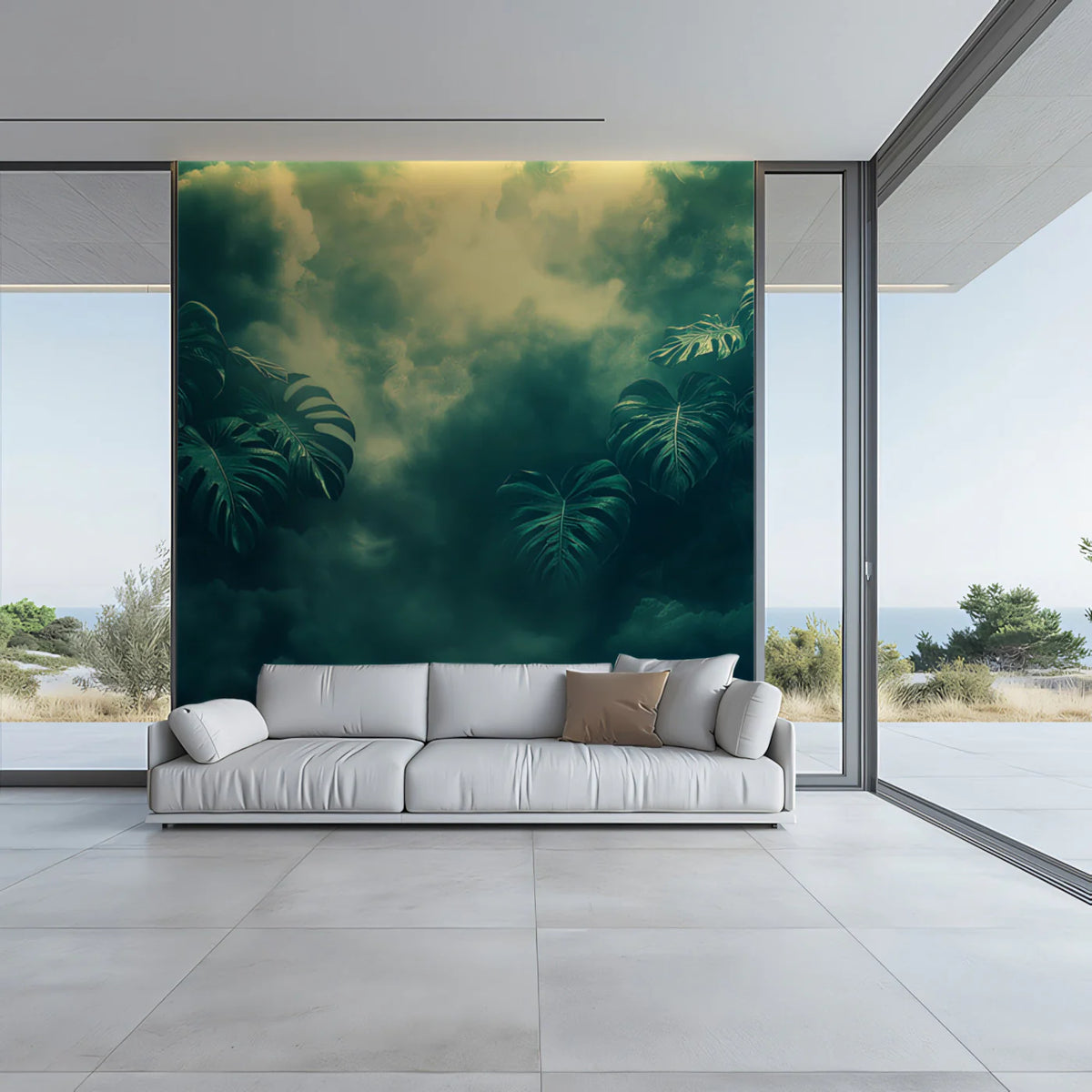 Moody Tropical Leaves in a Stormy Sky Mural Wallpaper Ethereal and Dramatic Art Mural Wallpaper - pure wallpaper artwork