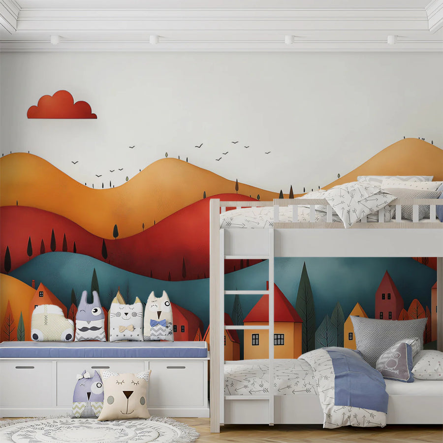 Autumn Village Mural Wallpaper — Scenic Rolling Landscape Art Mural Wallpaper