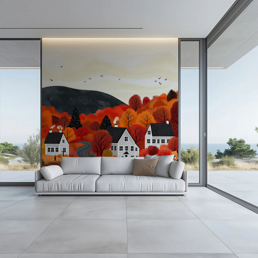 Autumn Village Forest Mural Wallpaper — Whimsical Fall Landscape Mural Wallpaper