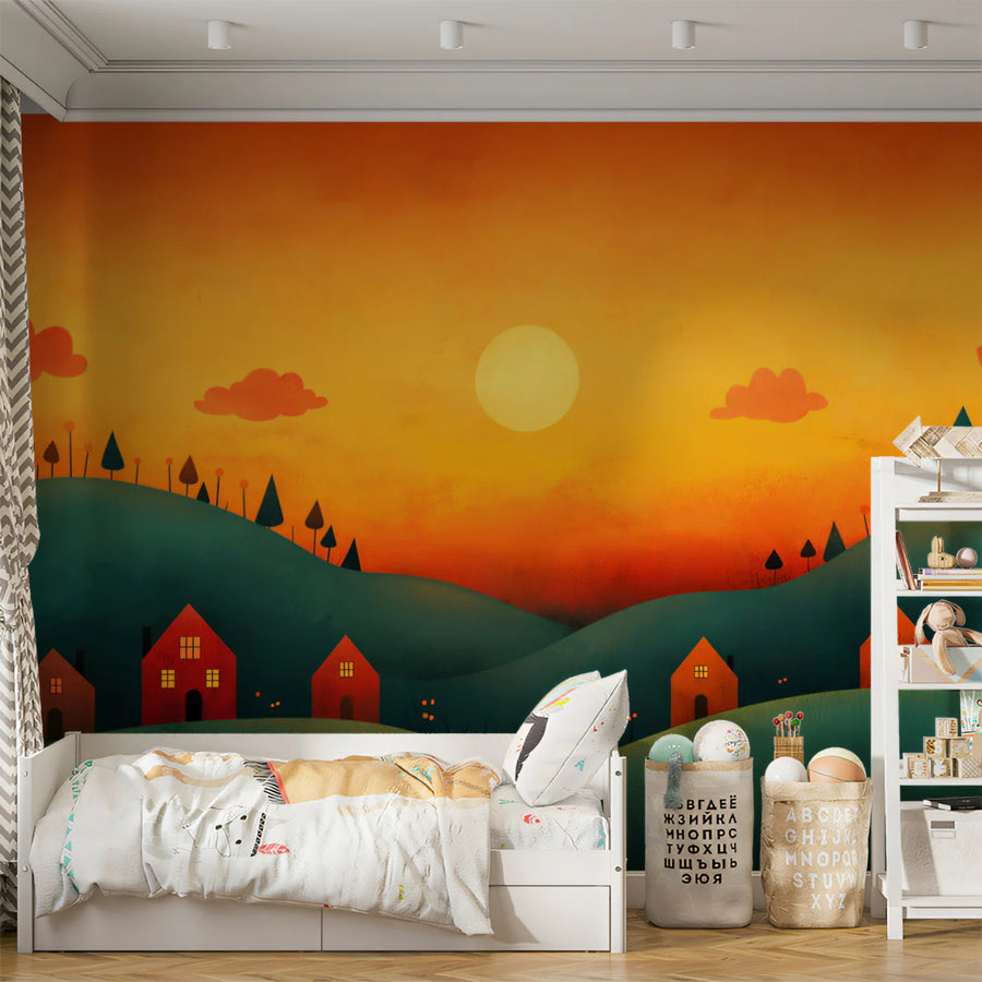 Rolling Hills Sunset Mural Wallpaper — Minimalist Landscape Art Mural Wallpaper