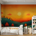 Rolling Hills Sunset Mural Wallpaper — Minimalist Landscape Art Mural Wallpaper - pure wallpaper artwork