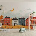 Autumn Townscape Mural Wallpaper — Whimsical Storybook Illustration Mural Wallpaper - pure wallpaper artwork