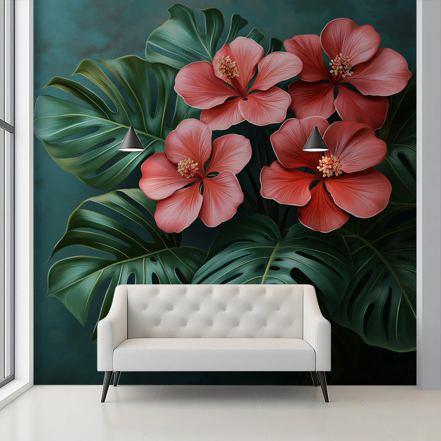 Modern Tropical Hibiscus and Monstera Leaves Mural Wallpaper Bold Floral Art Mural Wallpaper
