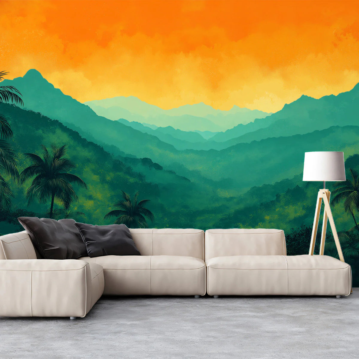 Vibrant Tropical Mountain Valley at Sunset Mural Wallpaper Colorful Jungle Landscape Mural Wallpaper - pure wallpaper artwork