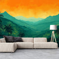 Vibrant Tropical Mountain Valley at Sunset Mural Wallpaper Colorful Jungle Landscape Mural Wallpaper - pure wallpaper artwork