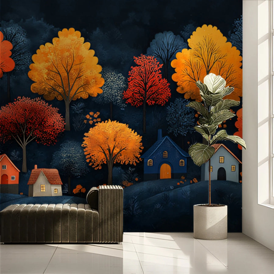Stylized Autumn Village in a Dark Forest Mural Wallpaper Moody and Cozy Scene Mural Wallpaper