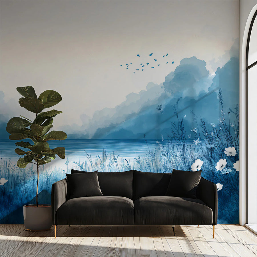 Minimalist Blue Watercolor Landscape Mural Wallpaper Serene Nature Art Mural Wallpaper
