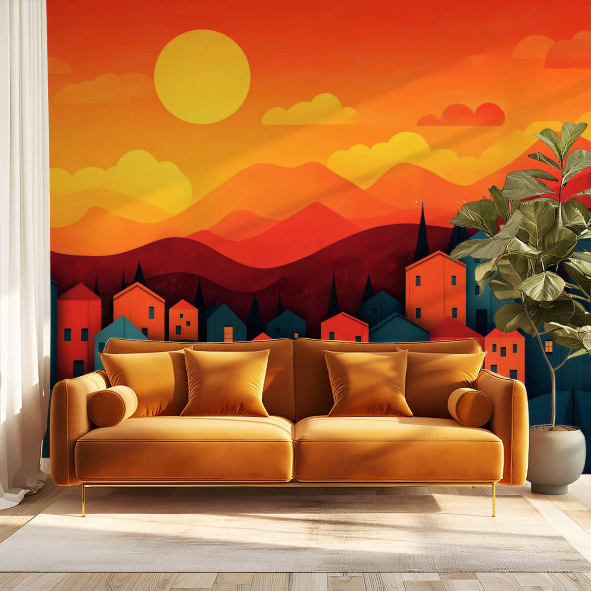 Sunset Mountain Village Mural Wallpaper — Colorful Valley Scene Mural Wallpaper - pure wallpaper artwork