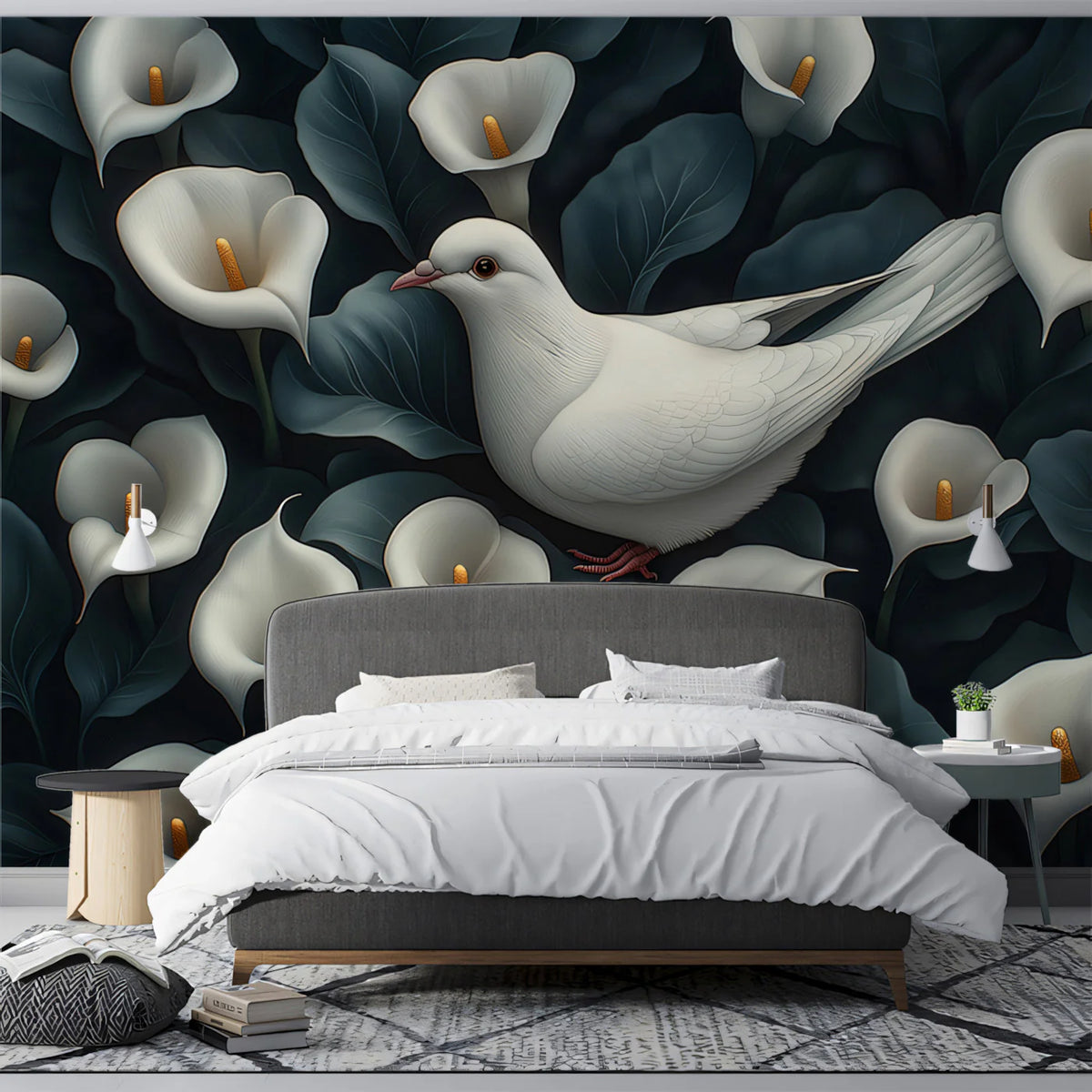 Elegant White Dove and Calla Lilies Mural Wallpaper Serene Floral and Bird Art Mural Wallpaper - pure wallpaper artwork