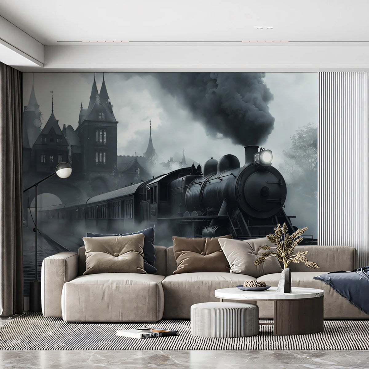 Steampunk Steam Train Arrival Mural Wallpaper in Monochrome Mural Wallpaper - pure wallpaper artwork
