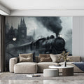 Steampunk Steam Train Arrival Mural Wallpaper in Monochrome Mural Wallpaper - pure wallpaper artwork