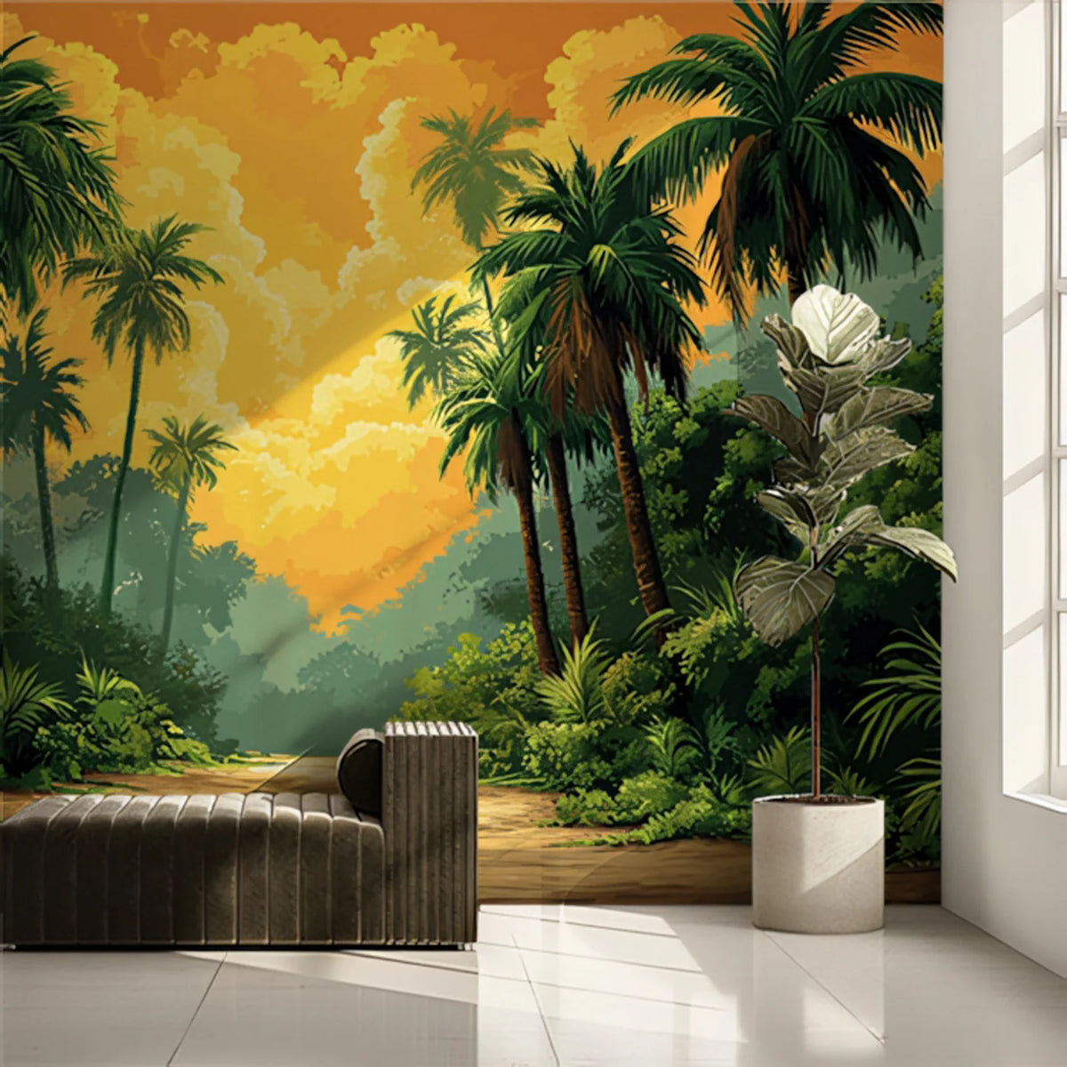 Sunlit Jungle Path with Palm Trees Mural Wallpaper Warm and Inviting Landscape Mural Wallpaper - pure wallpaper artwork