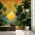 Sunlit Jungle Path with Palm Trees Mural Wallpaper Warm and Inviting Landscape Mural Wallpaper - pure wallpaper artwork