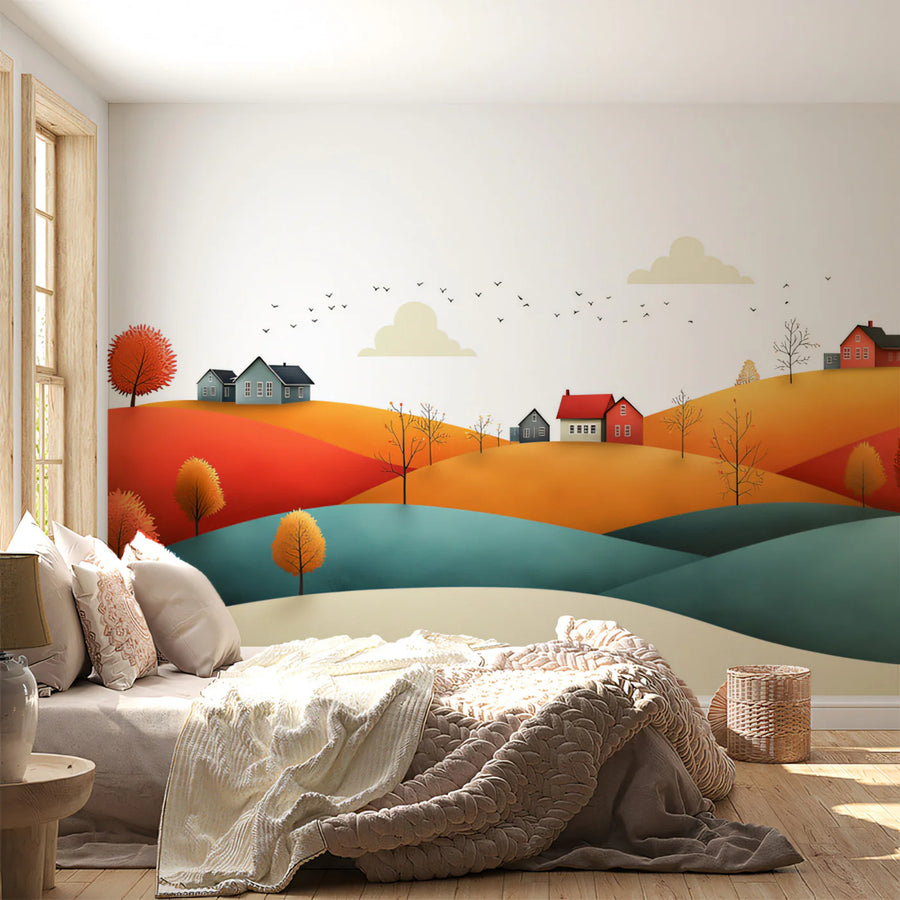 Autumn Rolling Hills Mural Wallpaper — Idyllic Landscape Design Mural Wallpaper