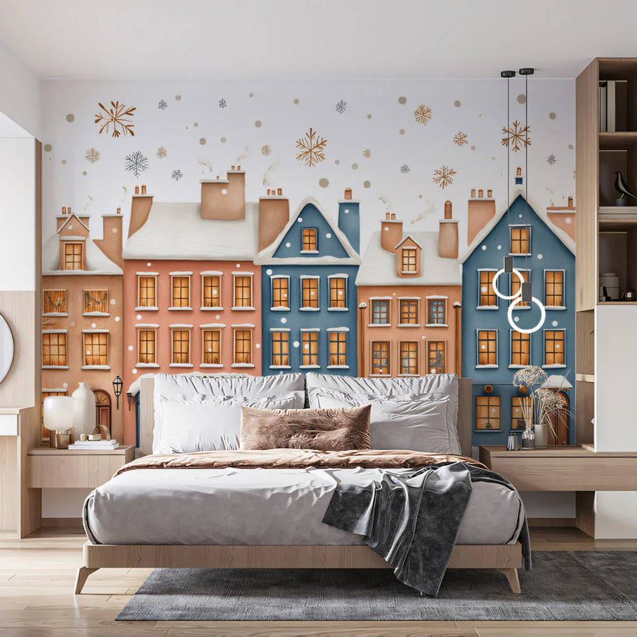Snowy Townhouse Winter Mural Wallpaper — Whimsical Festive Decor Mural Wallpaper