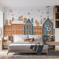 Snowy Townhouse Winter Mural Wallpaper — Whimsical Festive Decor Mural Wallpaper - pure wallpaper artwork