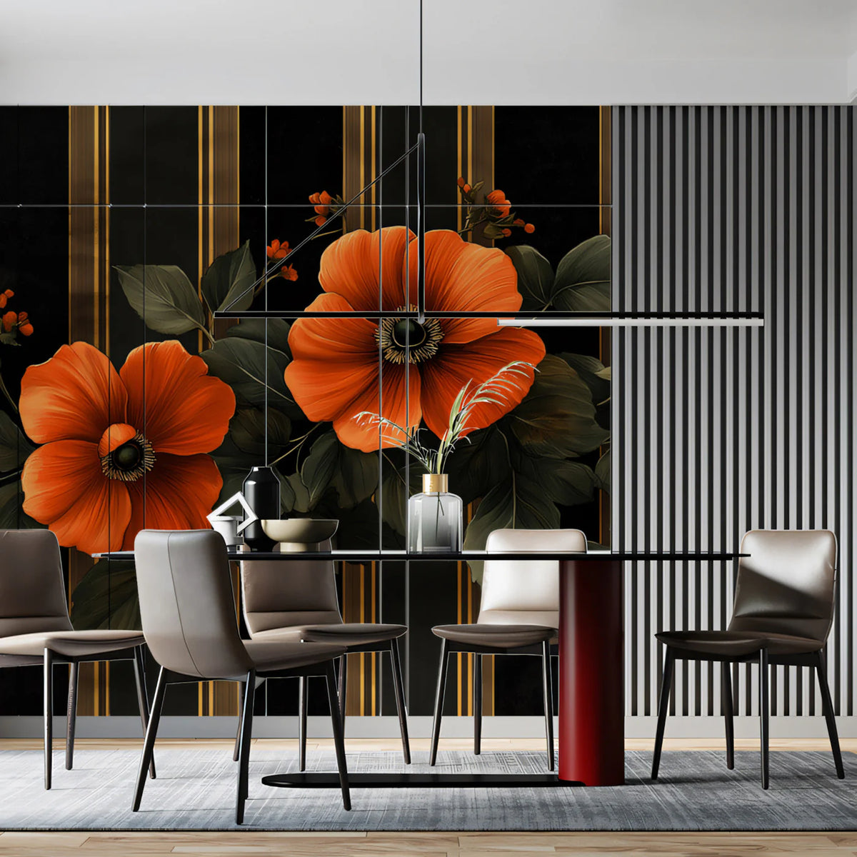 Dramatic Floral Art with Gold Stripes Mural Wallpaper Luxurious and Elegant Design Mural Wallpaper - pure wallpaper artwork
