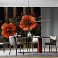 Dramatic Floral Art with Gold Stripes Mural Wallpaper Luxurious and Elegant Design Mural Wallpaper - pure wallpaper artwork