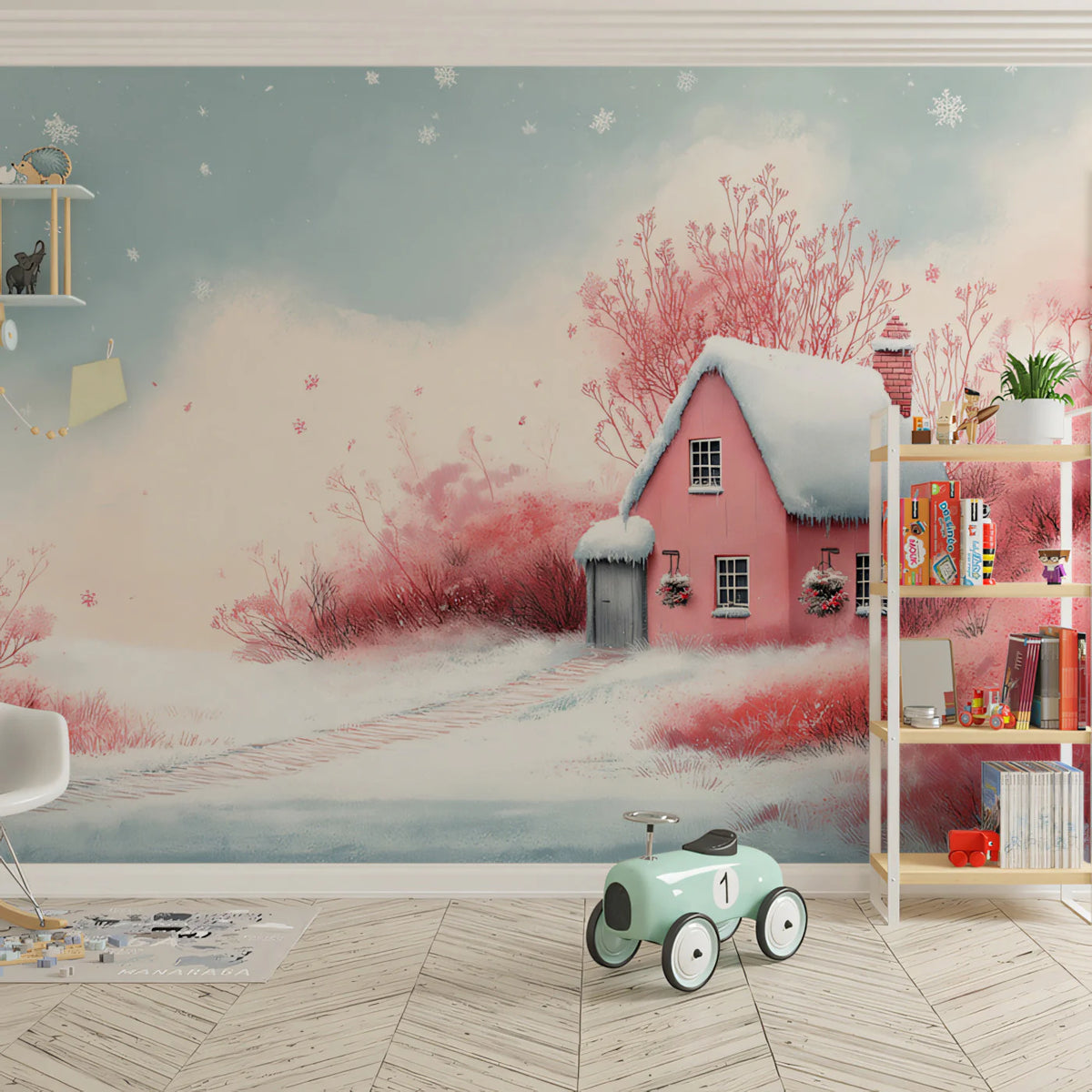 Pink Winter Cottage Mural Wallpaper — Whimsical Snowy Landscape Mural Wallpaper - pure wallpaper artwork