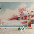 Pink Winter Cottage Mural Wallpaper — Whimsical Snowy Landscape Mural Wallpaper - pure wallpaper artwork
