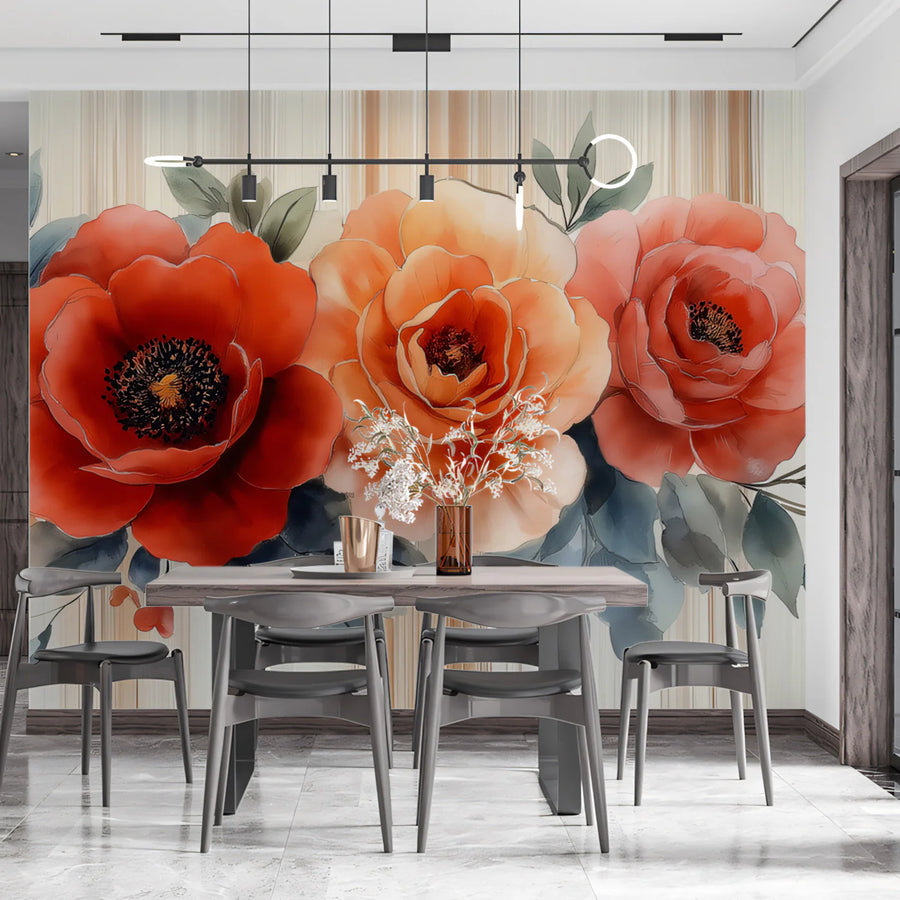 Elegant Floral Arrangement with Stripes Mural Wallpaper Bold and Modern Botanical Art Mural Wallpaper