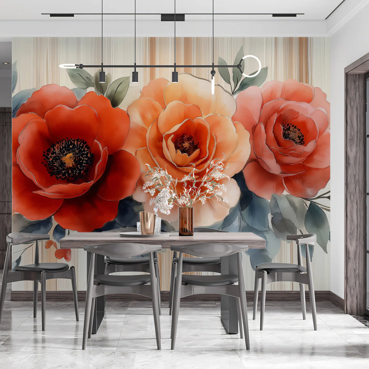 Elegant Floral Arrangement with Stripes Mural Wallpaper Bold and Modern Botanical Art Mural Wallpaper - pure wallpaper artwork